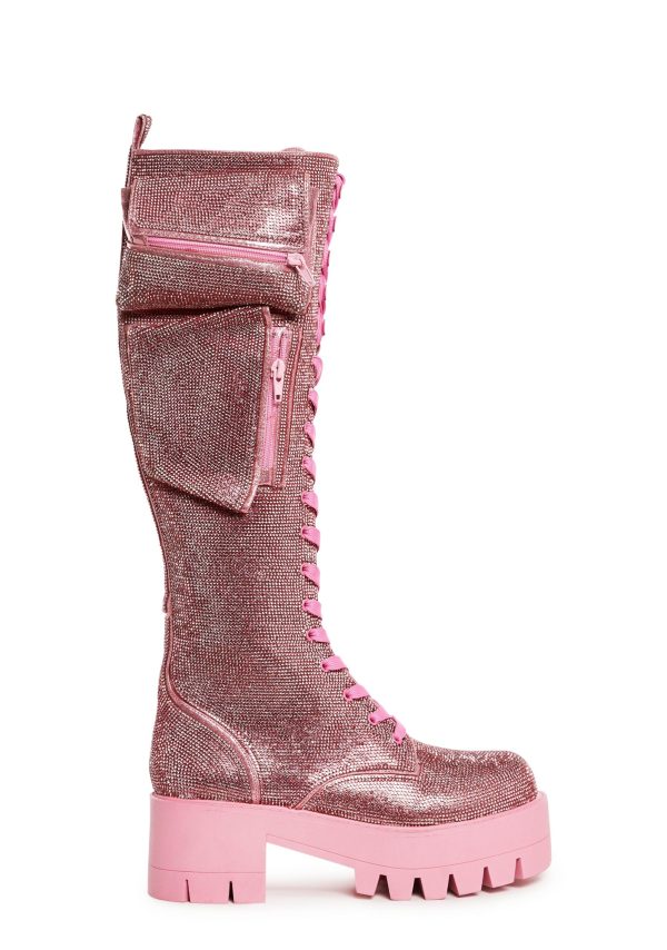 Obsidian Pocket Combat Boots - Rhinestone